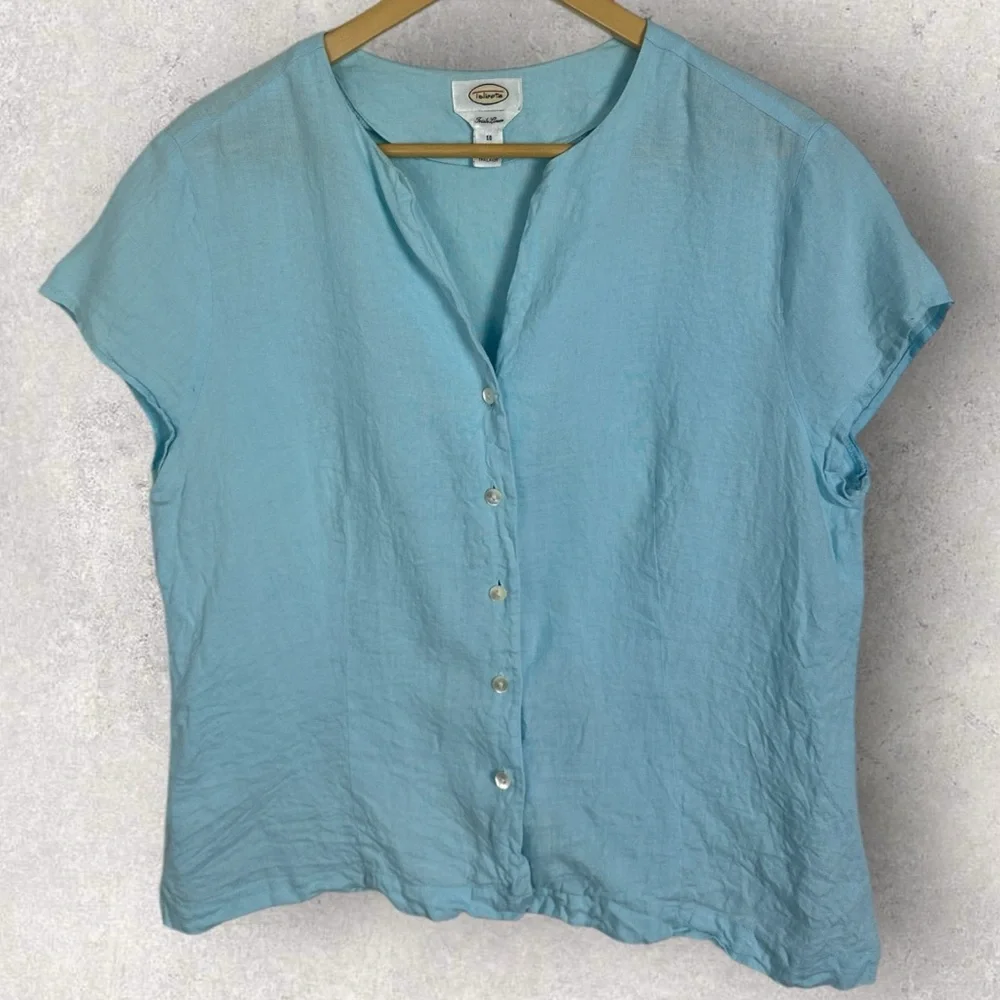 Talbots 100% Irish Linen V-Neck Button Down Short Sleeve Blouse Size 16 Blue Top - Picture 2 of 12